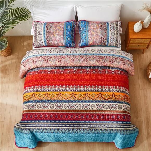 BEDDING Bohemian Quilt Set Queen Size, Boho Striped Pattern Bedspread Set - Picture 3 of 7